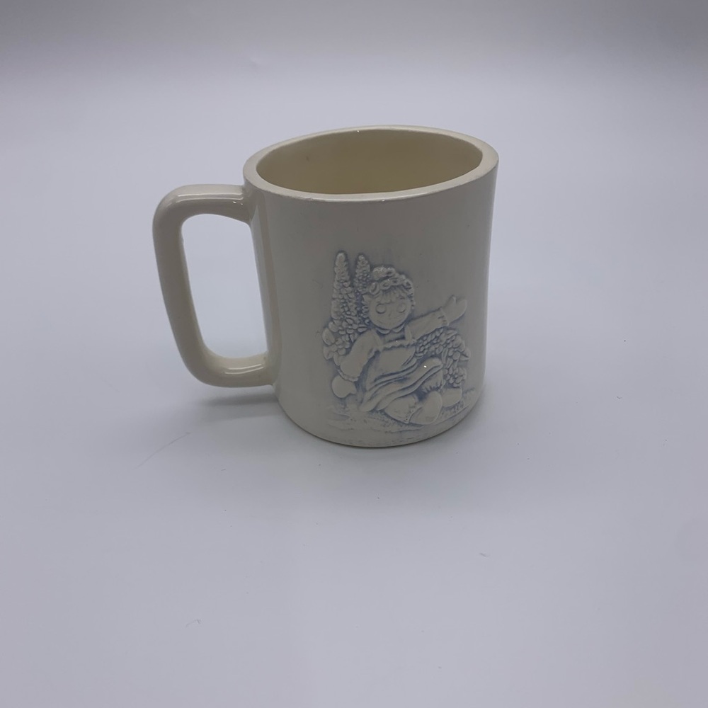 Vtg. (RARE) Signed 1974 Bobbs Merrill Blue Tint Raggedy Ann & Andy 3oz Milk Cup
